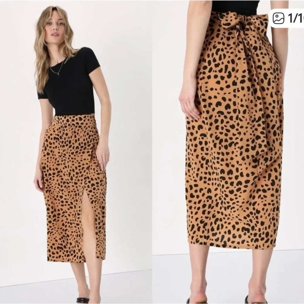 Lulus Gauzy Tan Leopard Print Midi Wrap Skirt Size Small. Waist 26”.